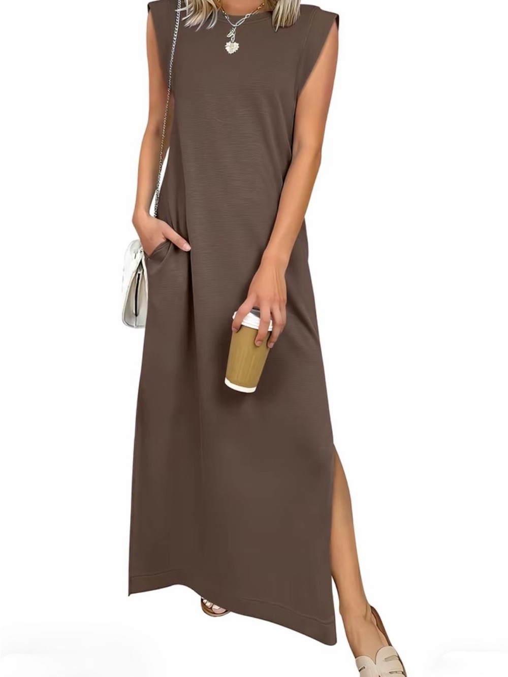 ANRABESS Brown Sleeveless Maxi Dress Side Slit Pockets Size Large NWT